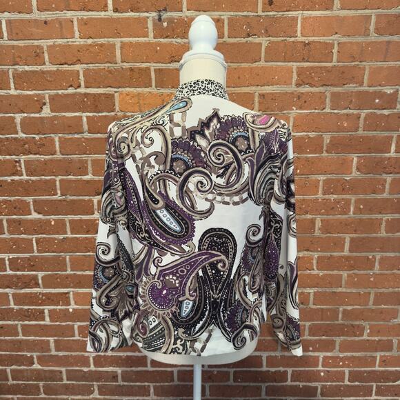 Chicos Womens Sz 0 Cardigan Blazer Purple Paisley Kaila Open Front Leopard Trim - Picture 3 of 11